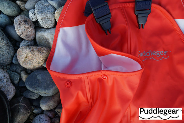 Puddlegear Kids Rain Pants in Red bib overall shell style